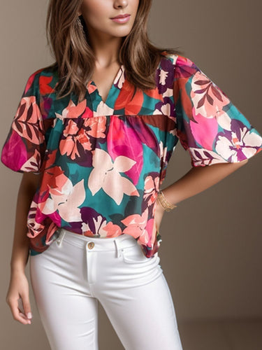 Floral Print Notched Puff Sleeve Top